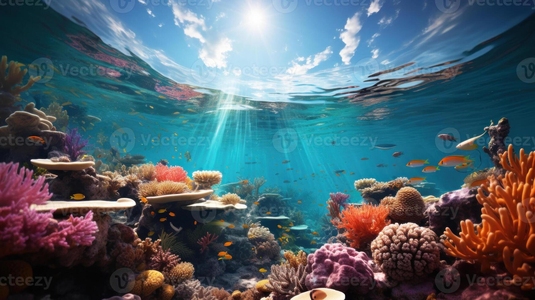 Underwater fish and hard corals on a blue or Ocean coral reef system, photo