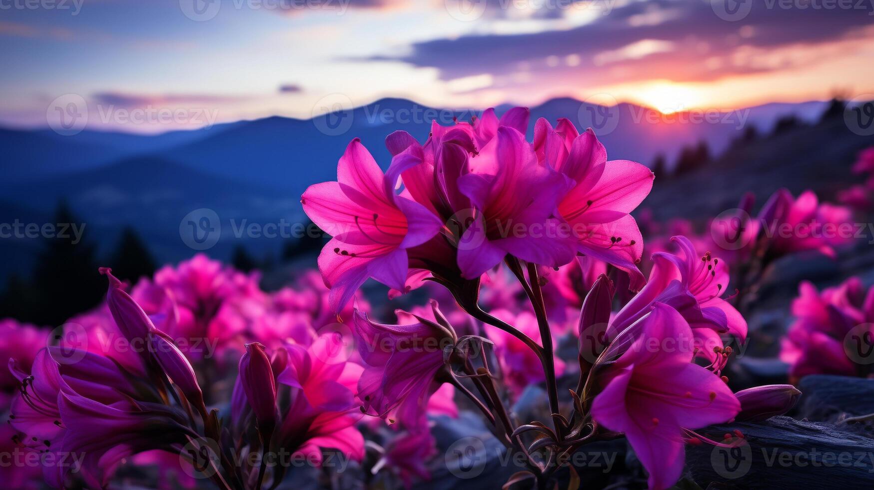 Landscape nature background with rose flowers with mountains. photo