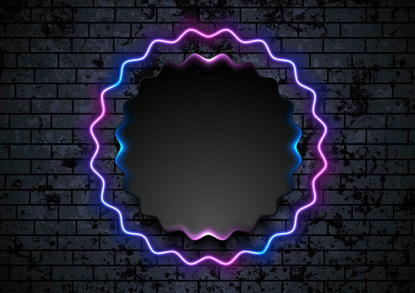 Blue purple neon wavy circle on grunge brick wall background vector