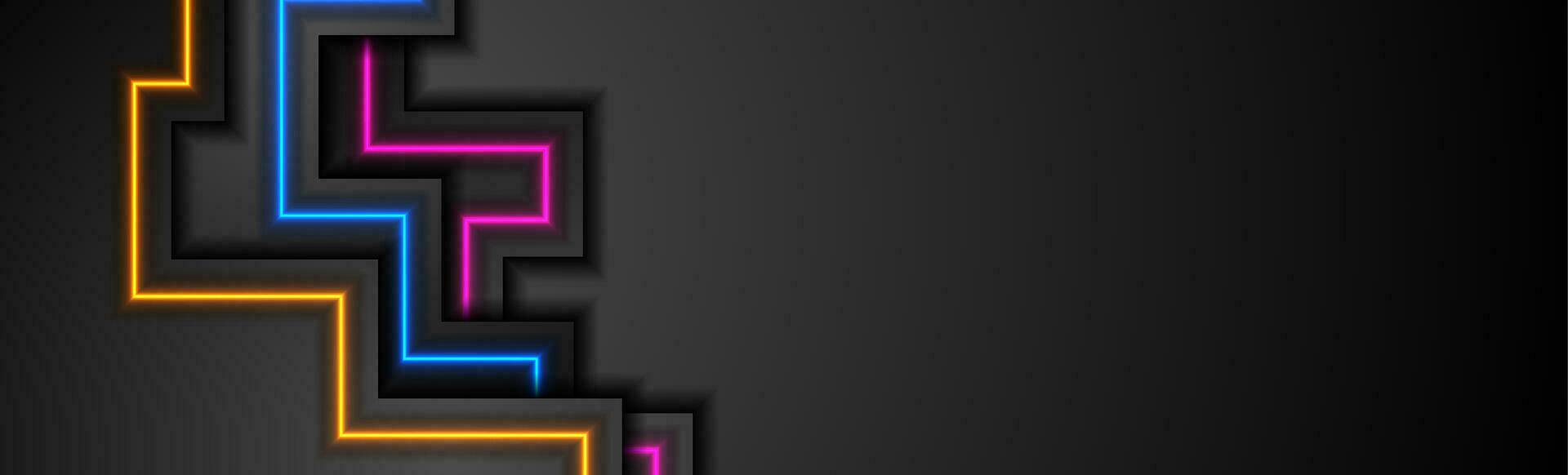 Black tech abstract banner with colorful neon glowing light vector