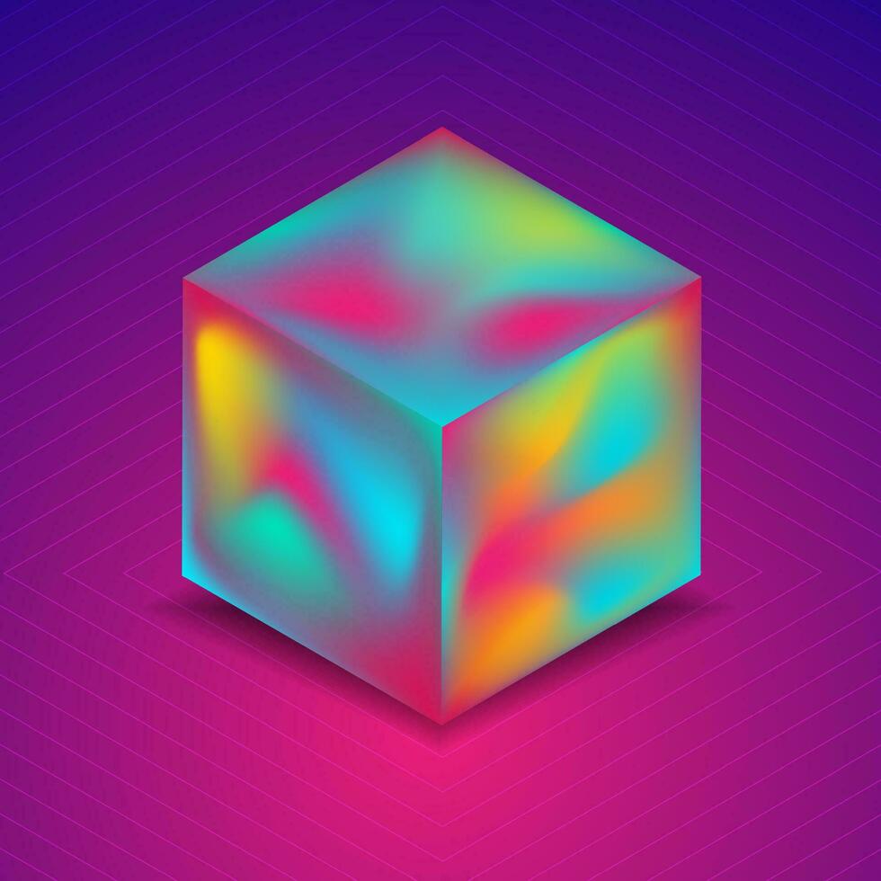 Abstract holographic liquid 3d cube on blue purple background vector