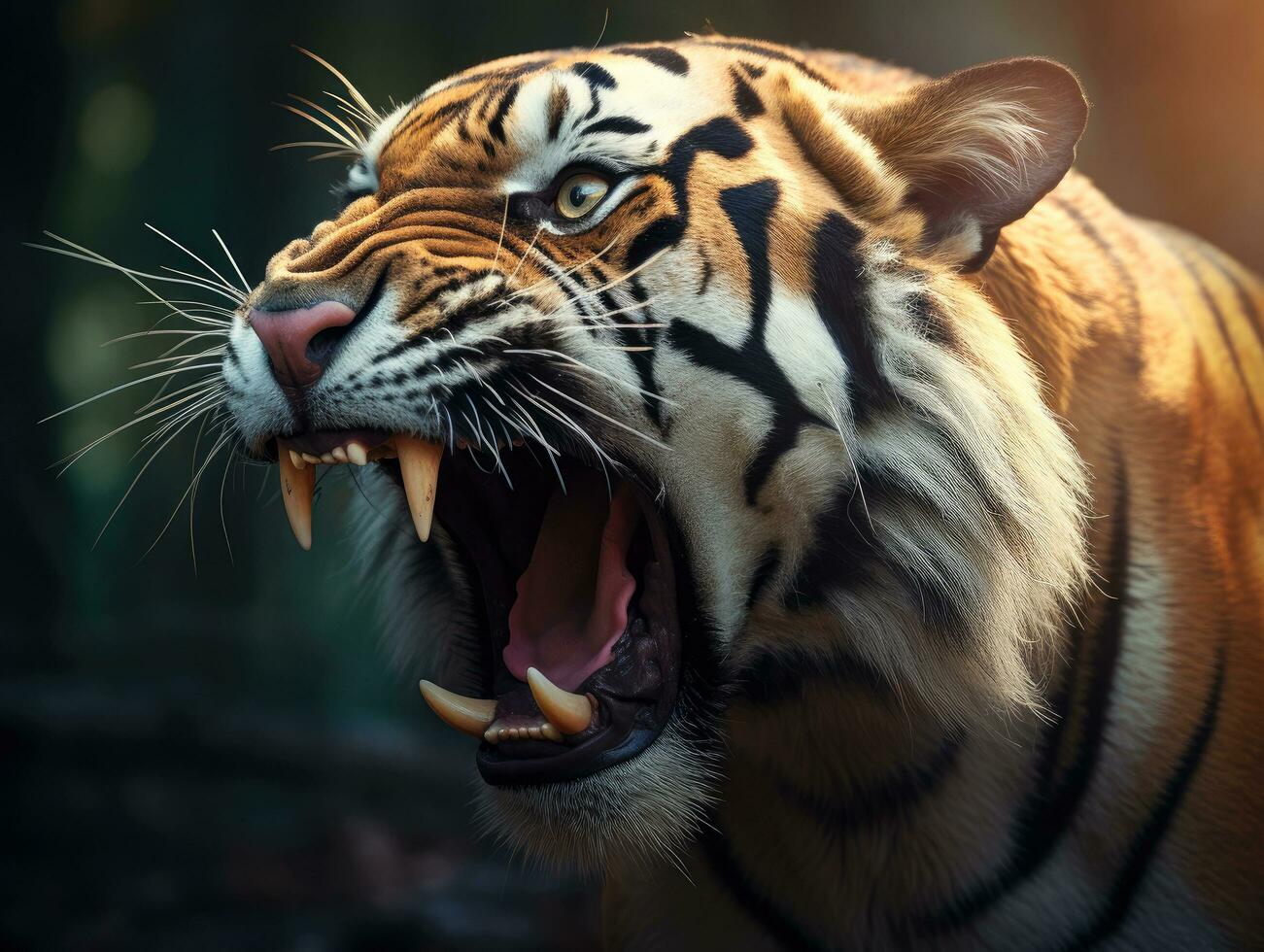 Dramatic shot of a wild tiger roaring photo
