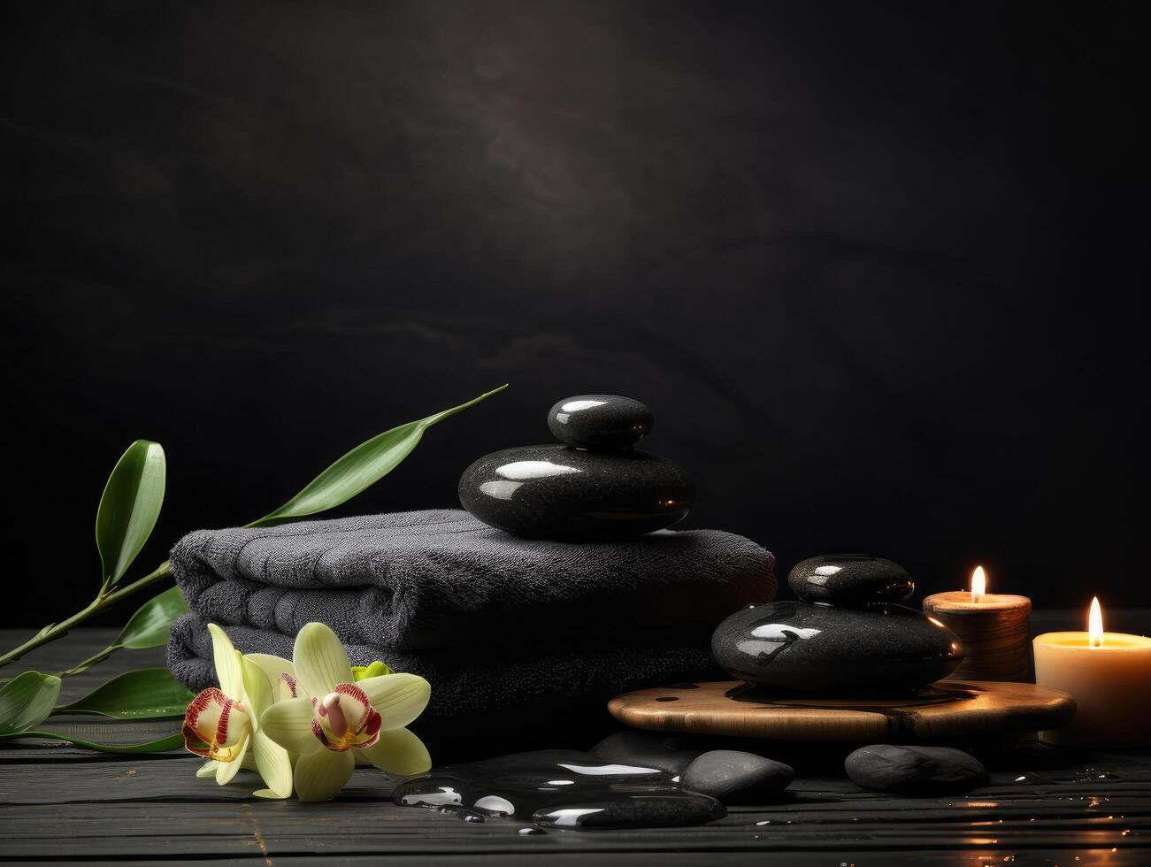 Background for spa with flowers, towel and pebbles photo