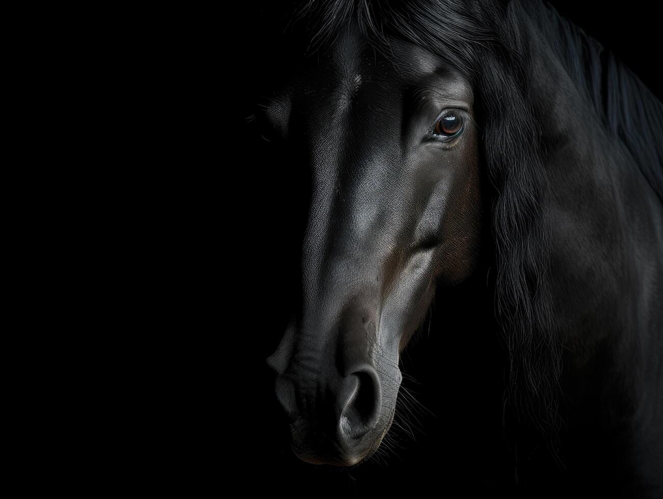 Dramatic background of a black stallion horse photo