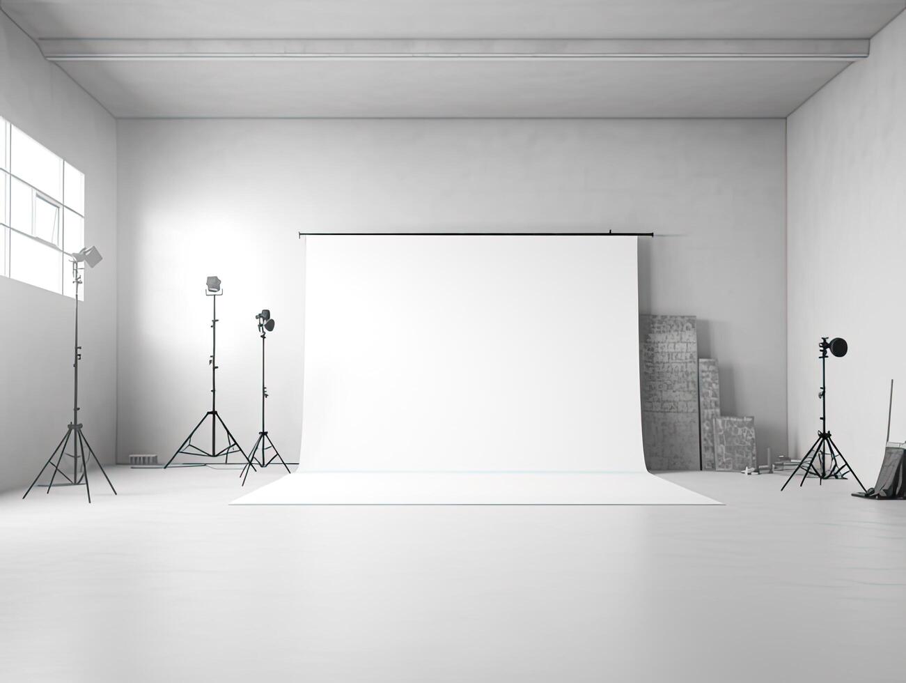 Interior of a photography studio with a blank backdrop photo