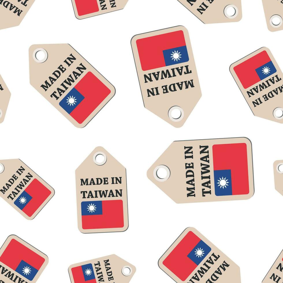 Hang tag made in Taiwan sticker with flag seamless pattern background. Business flat vector illustration. Made in Taiwan sign symbol pattern.