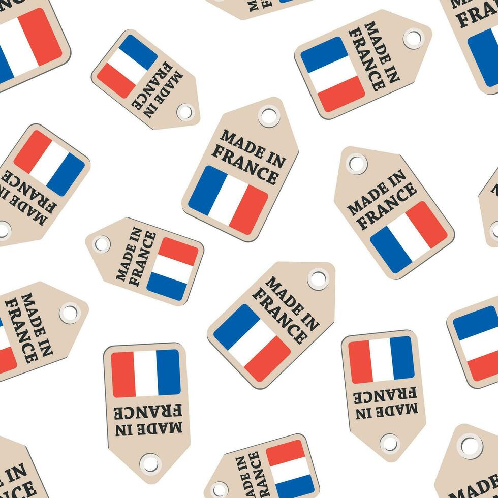 Hang tag made in France sticker with flag seamless pattern background. Business flat vector illustration. Made in France sign symbol pattern.