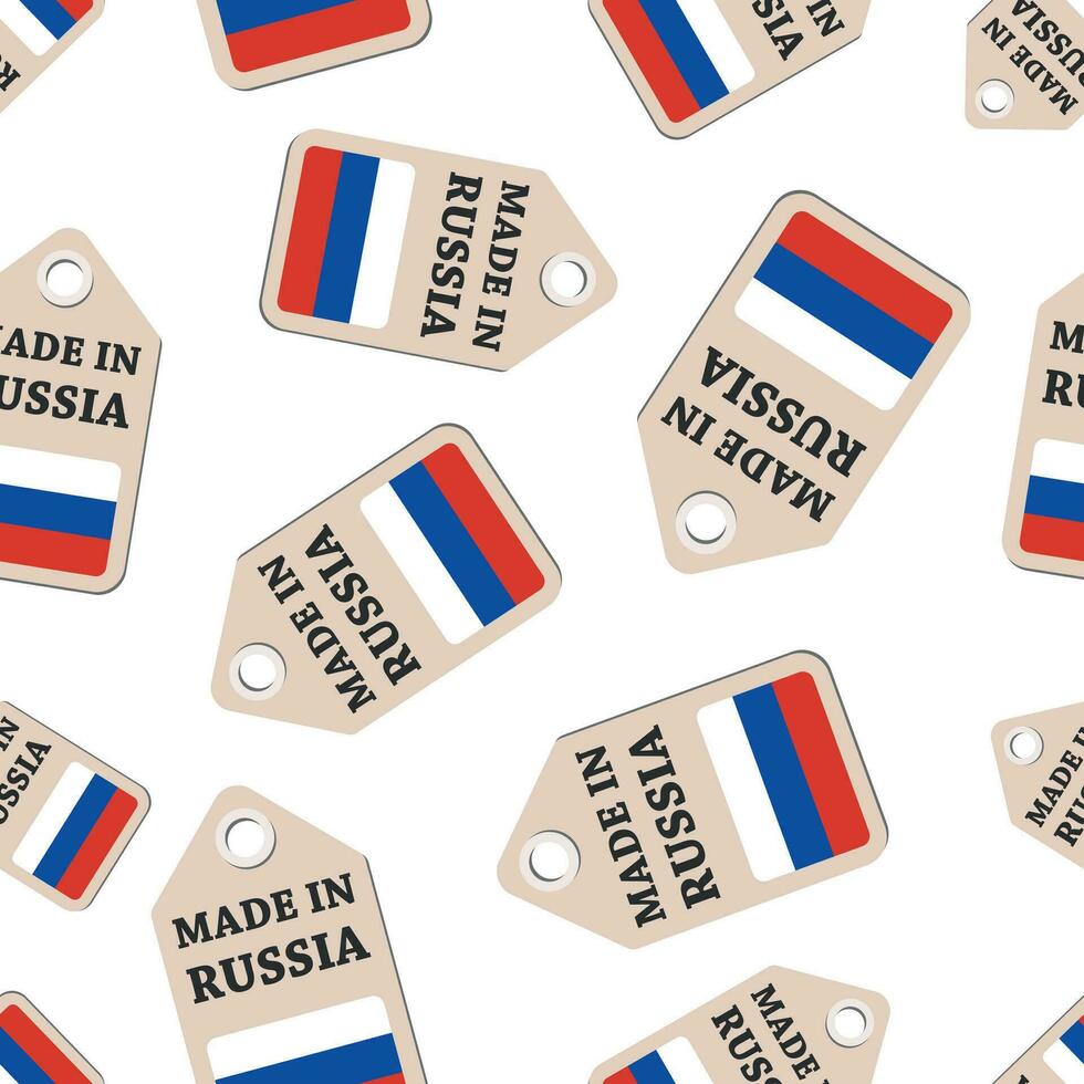 Hang tag made in Russia sticker with flag seamless pattern background. Business flat vector illustration. Made in Russia sign symbol pattern.