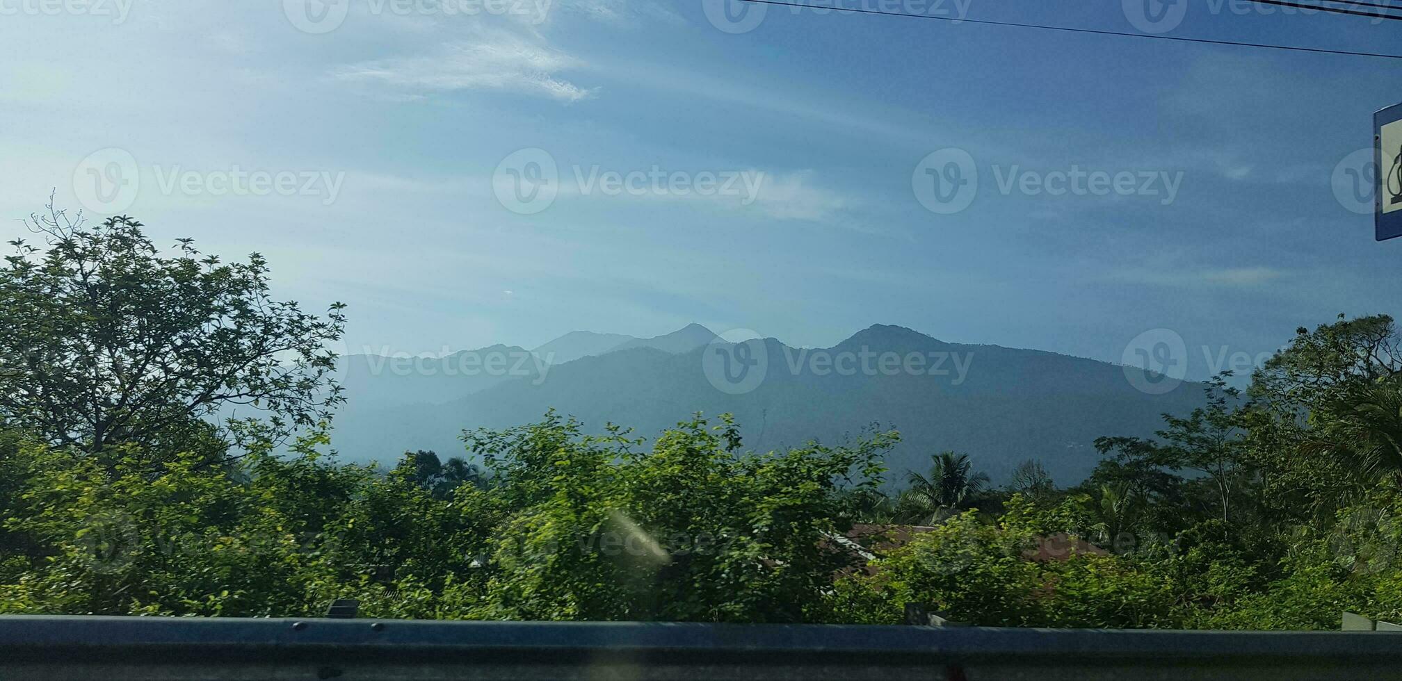 A view of green rice fields and gardens with blue sky and white clouds and the silhouette of a mountain photo