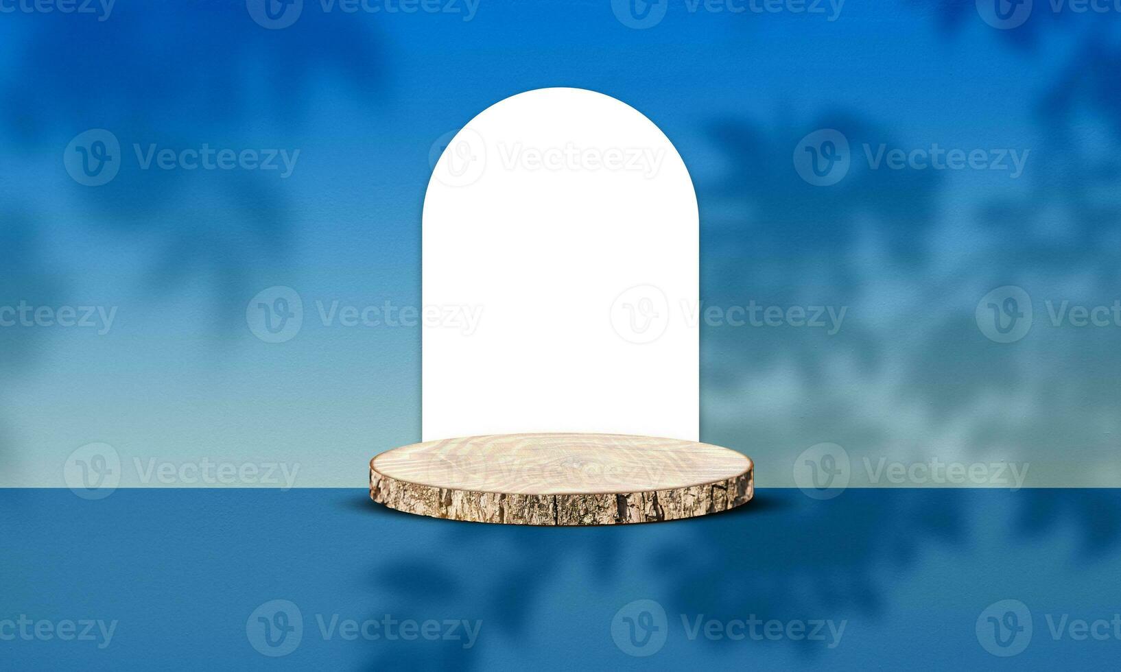 Round wood slice podium for product display, product showcase wooden stand with leaves photo