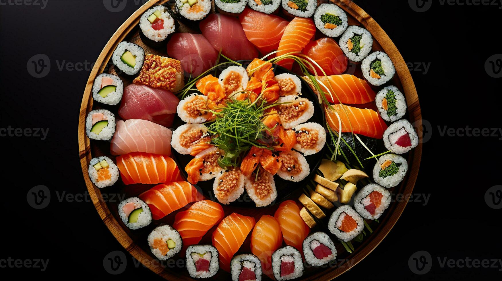 Sushi menu. Roll with salmon, avocado, cucumber. Japanese food. Created with Generative AI photo
