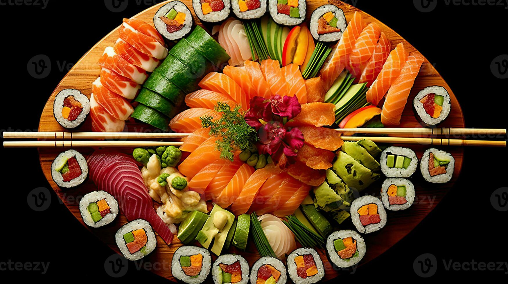 Sushi menu. Roll with salmon, avocado, cucumber. Japanese food. Created with Generative AI photo
