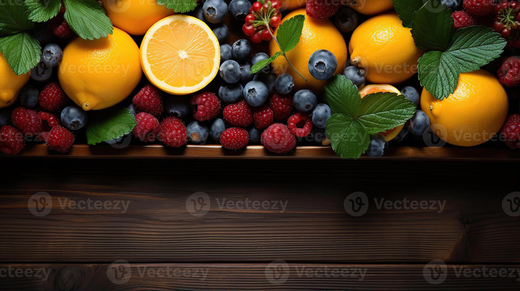 Cool summer fruits on a wood banner background. Copy space. Created with photo