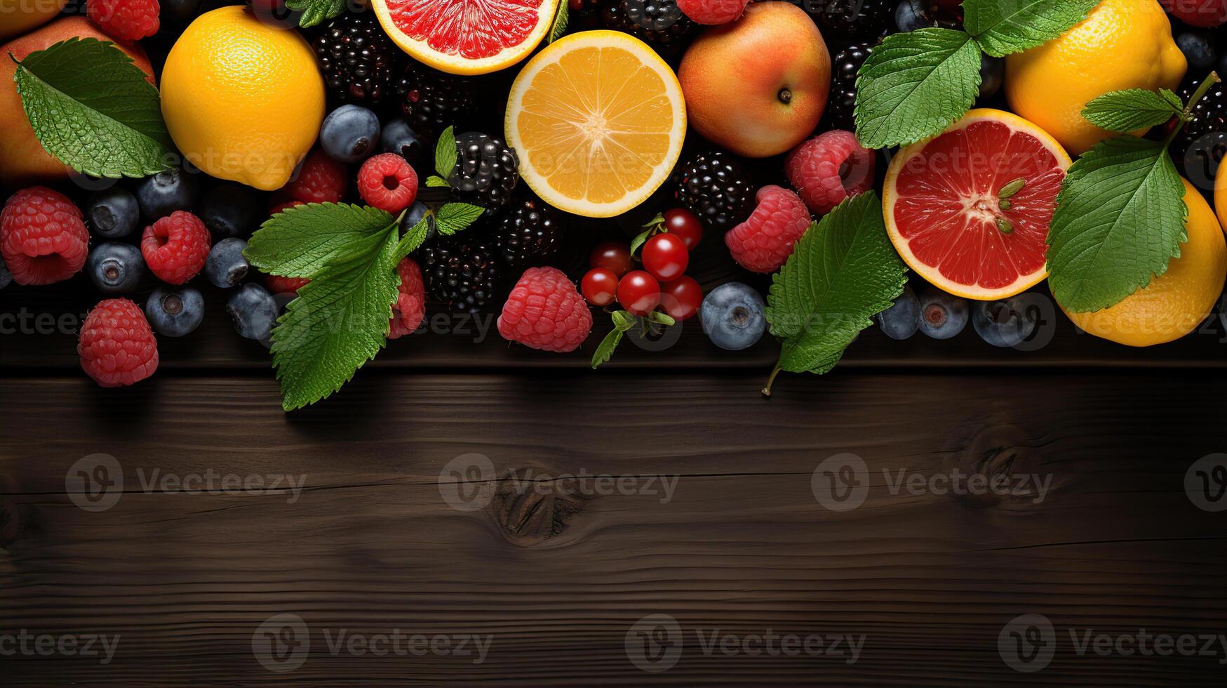 Cool summer fruits on a wood banner background. Copy space. Created with photo