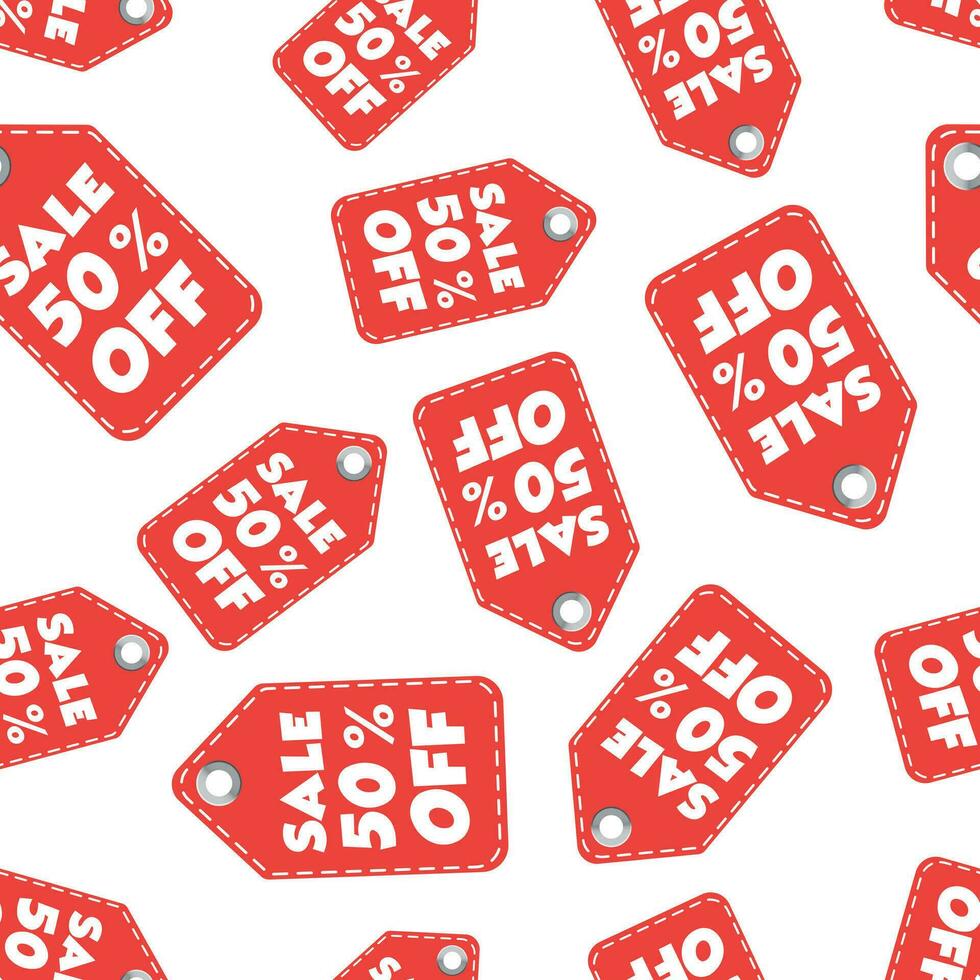 Sale 50 off hang tag seamless pattern background. Business flat vector illustration. Sale 50 off shopping sign symbol pattern.