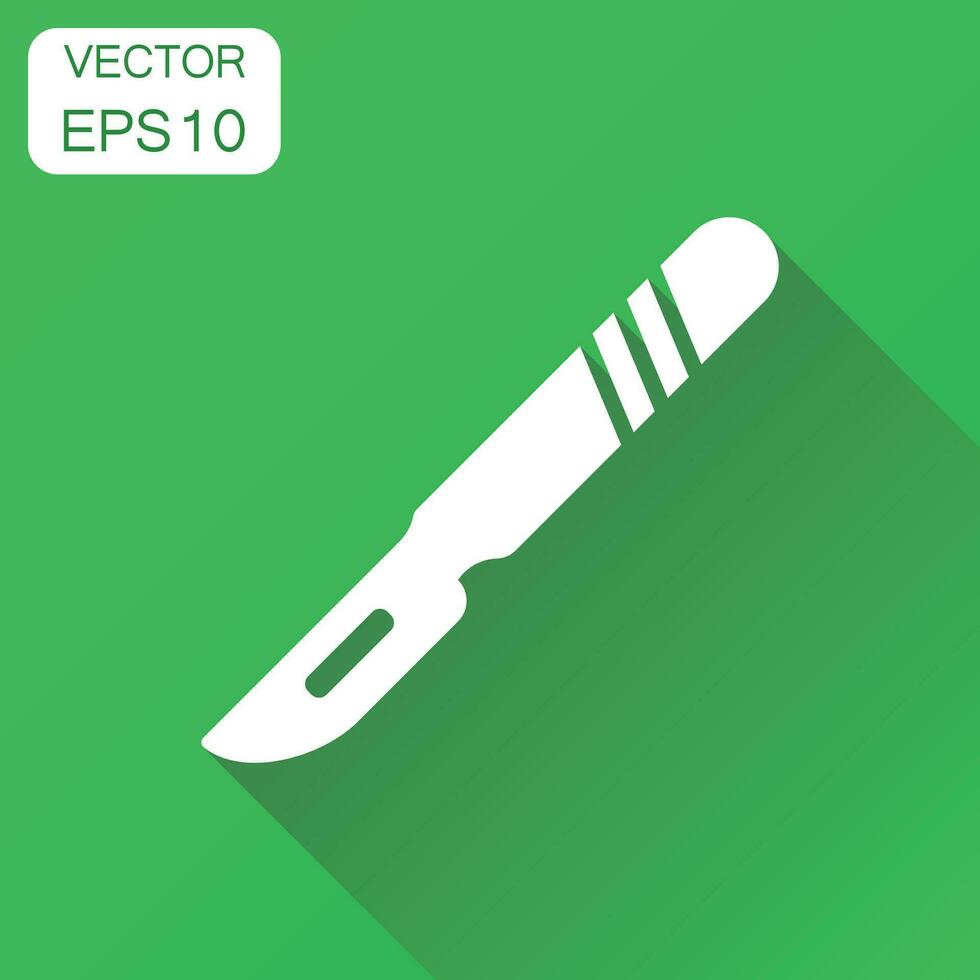 Medical scalpel icon. Business concept hospital surgery knife pictogram. Vector illustration on green background with long shadow.