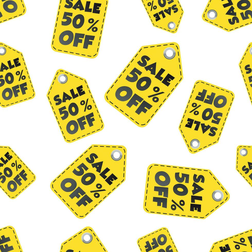 Sale 50 off hang tag seamless pattern background. Business flat vector illustration. Sale 50 off shopping sign symbol pattern.