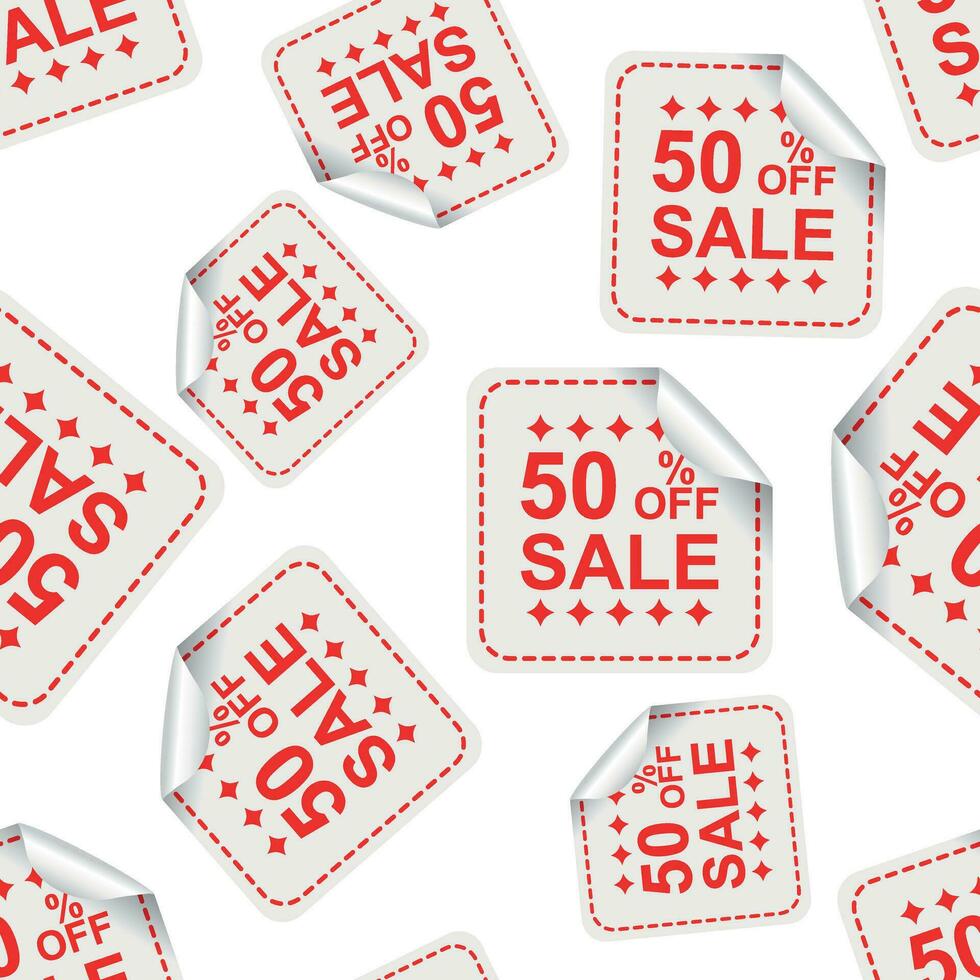 Sale 50 percent off sticker seamless pattern background icon. Business flat vector illustration. Shopping sale sign symbol pattern.