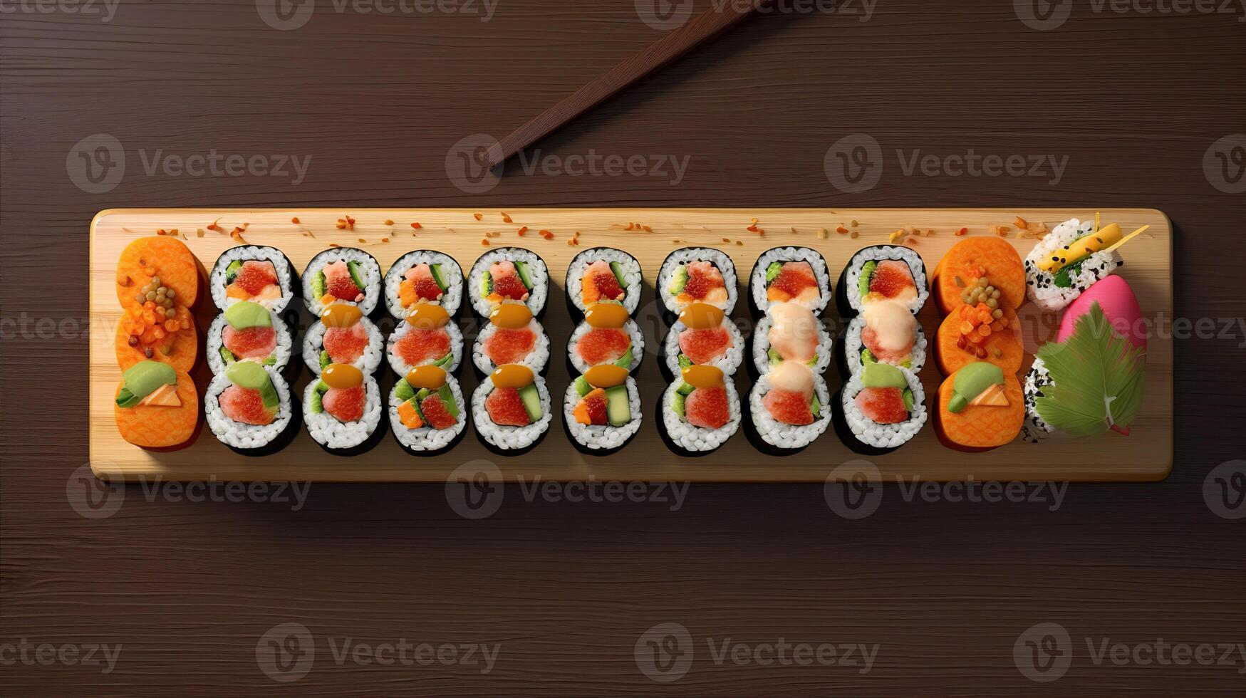 Sushi menu. Roll with salmon, avocado, cucumber. Japanese food. Created with Generative AI photo