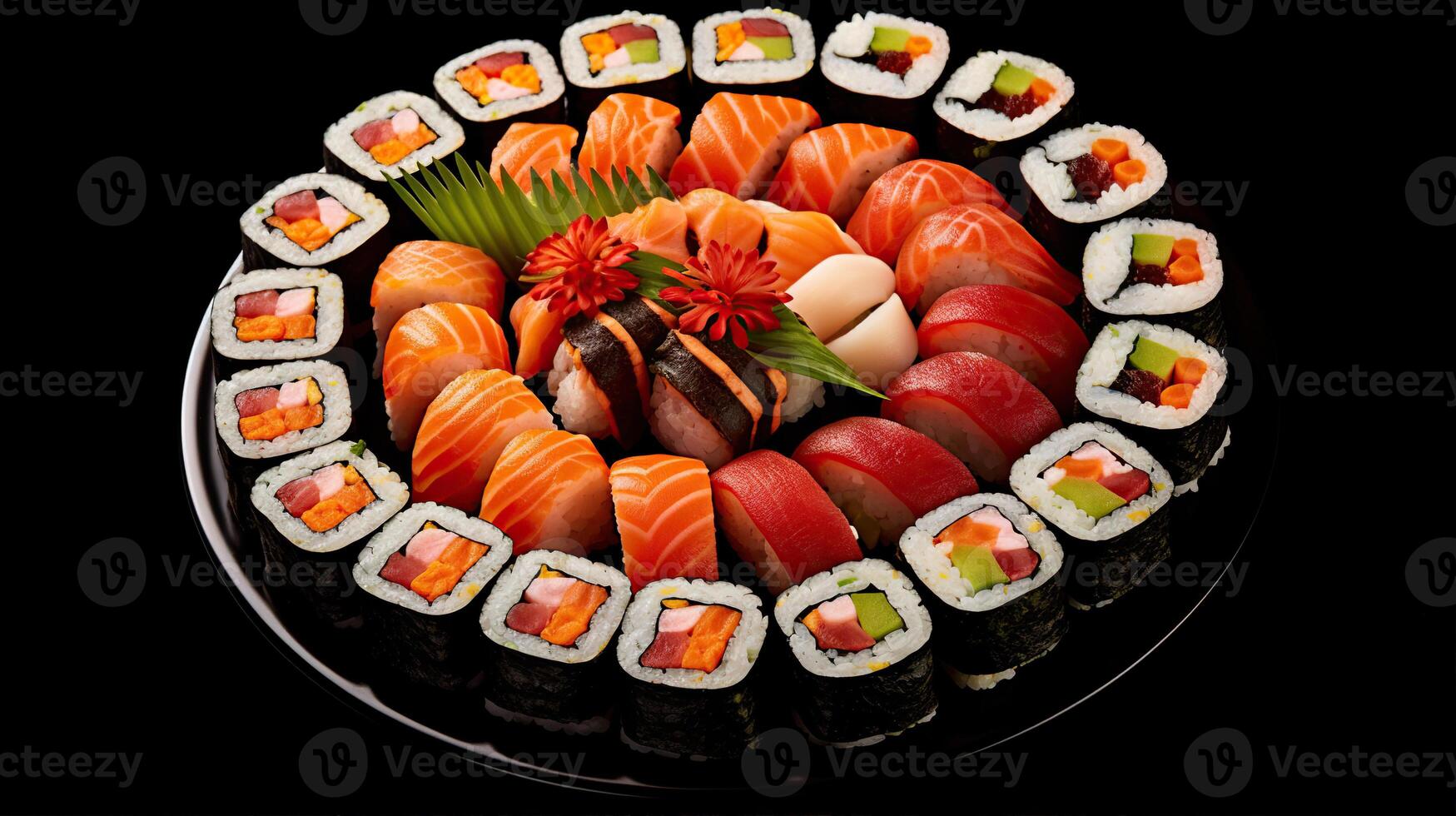 Sushi menu. Roll with salmon, avocado, cucumber. Japanese food. Created with Generative AI photo