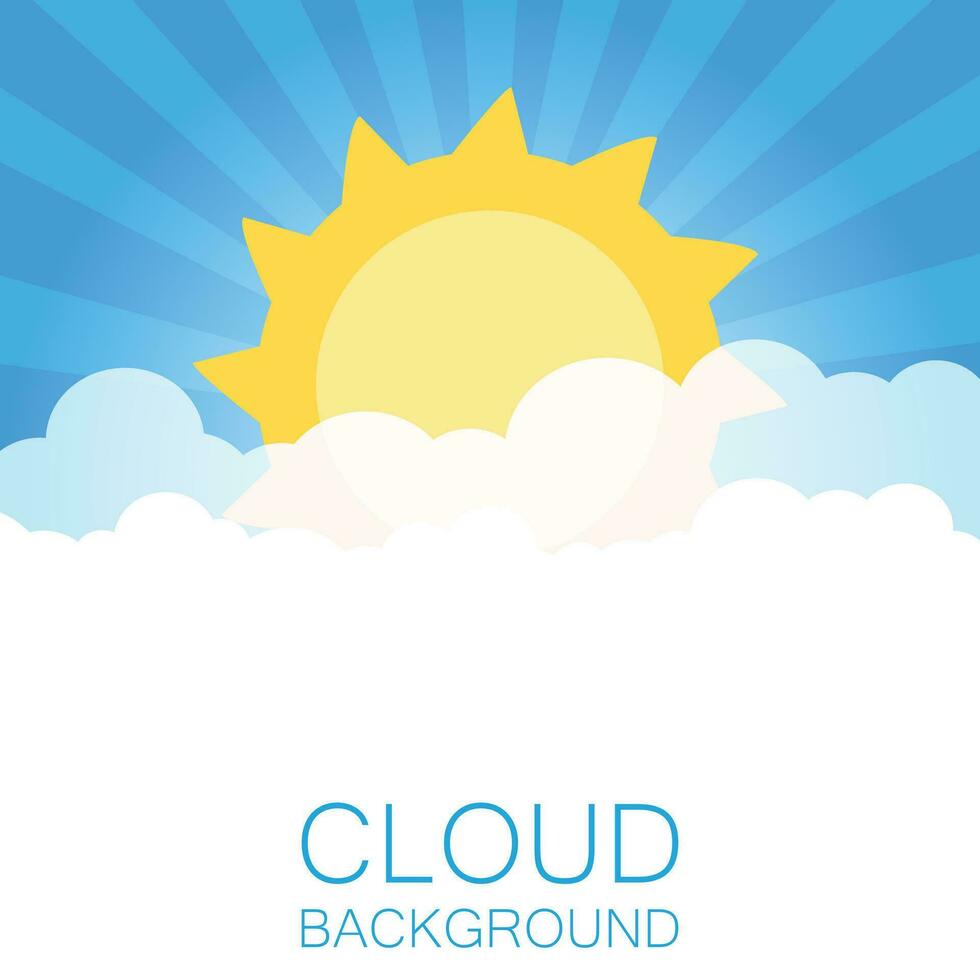 Clouds in the sky with sun rays. Flat vector illustration in cartoon style. Blue colorful background.