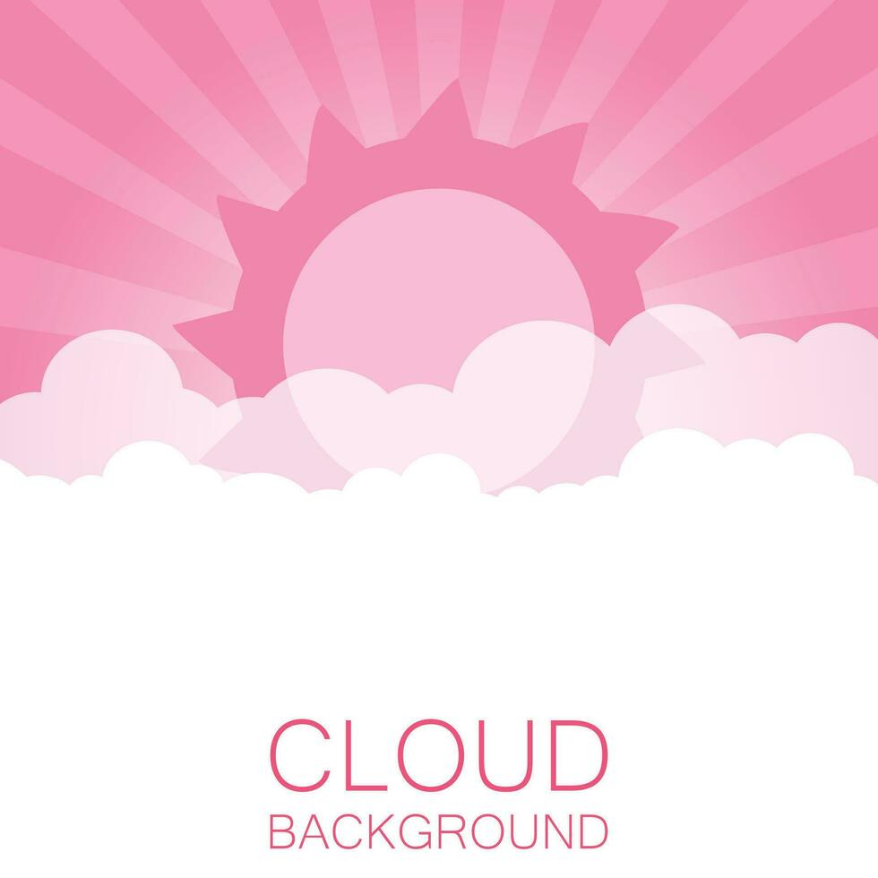 Clouds in the sky with sun rays. Flat vector illustration in cartoon style. Pink colorful sunset background.