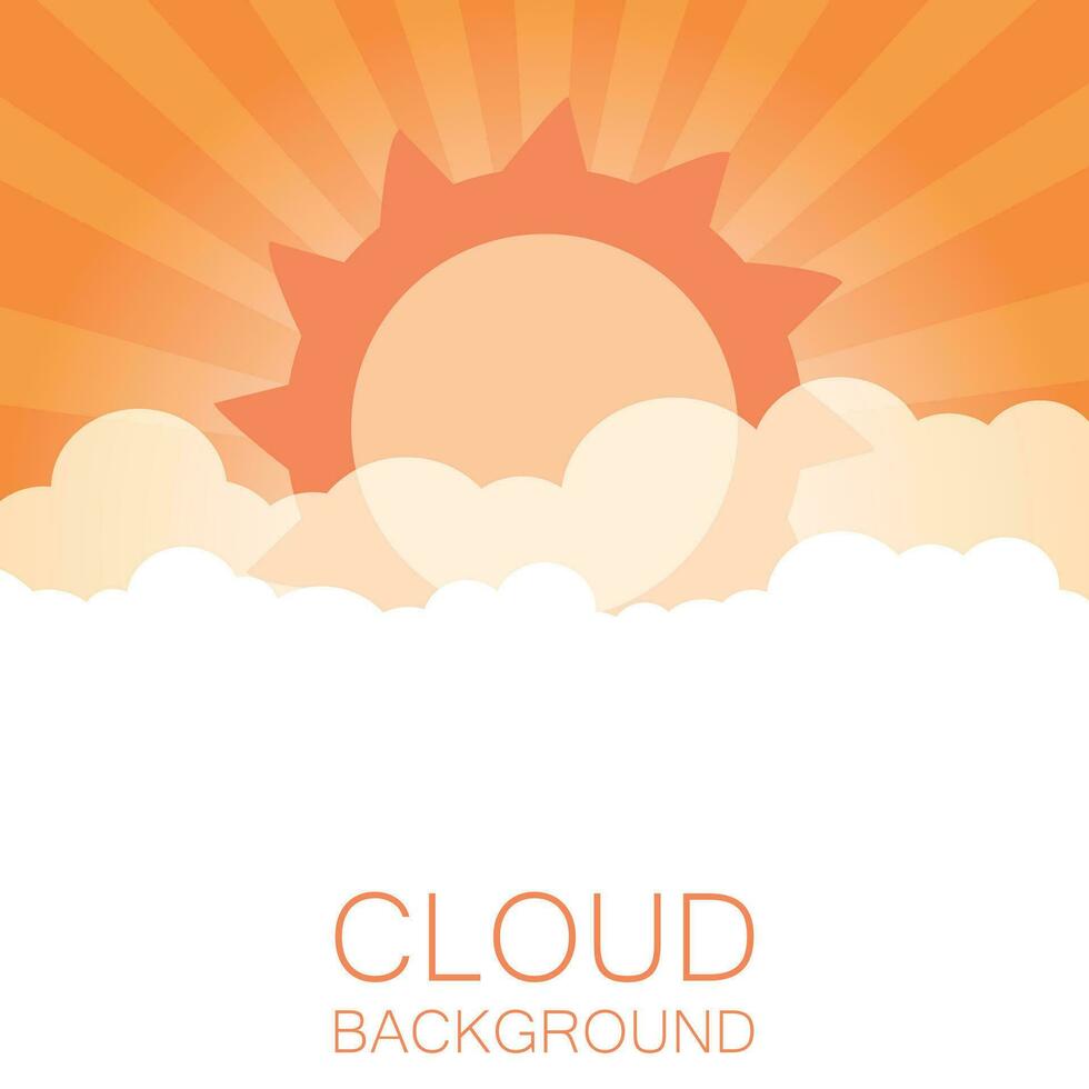 Clouds in the sky with sun rays. Flat vector illustration in cartoon style. Orange colorful sunset background.