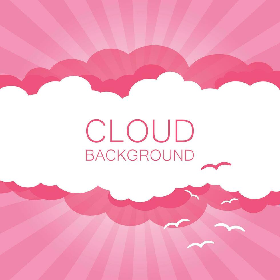 Clouds in the sky with sun rays. Flat vector illustration in cartoon style. Pink colorful sunset background.