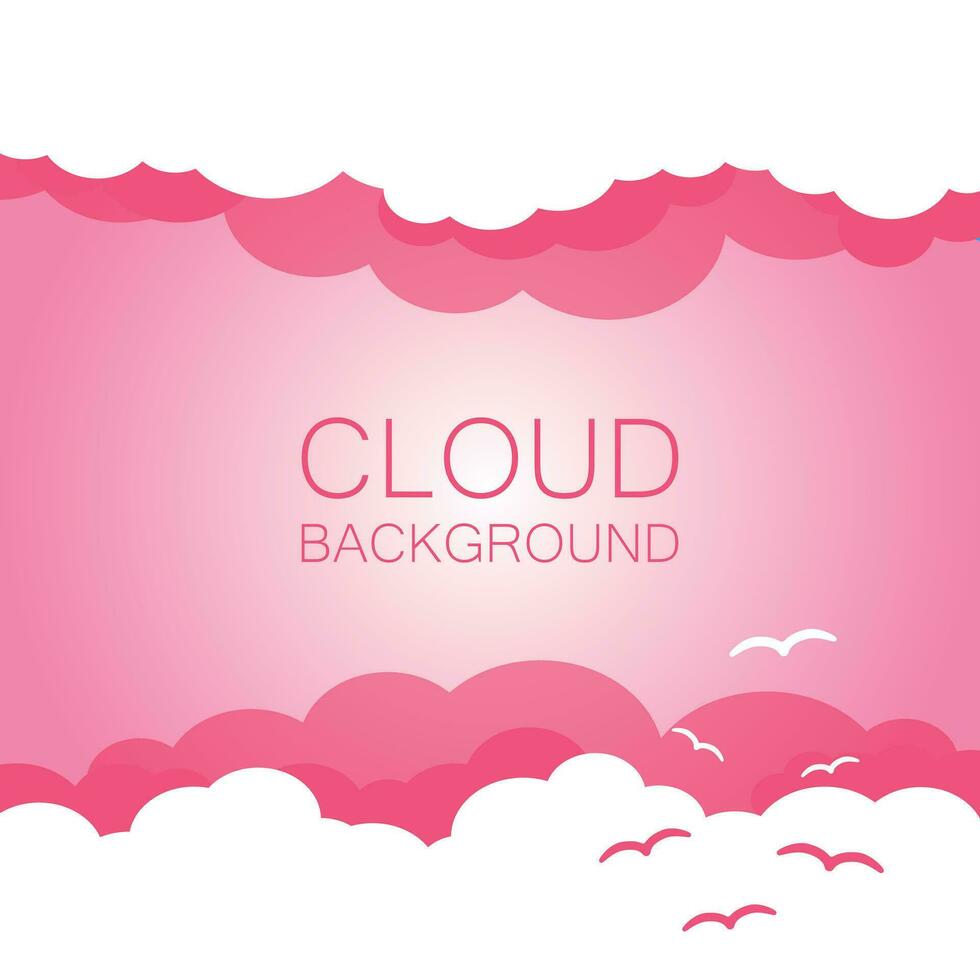 Clouds in the sky with sun rays. Flat vector illustration in cartoon style. Pink colorful sunset background.