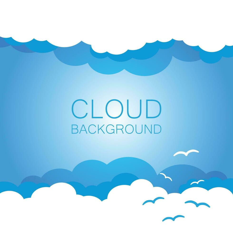 Clouds in the sky with sun rays. Flat vector illustration in cartoon style. Blue colorful background.