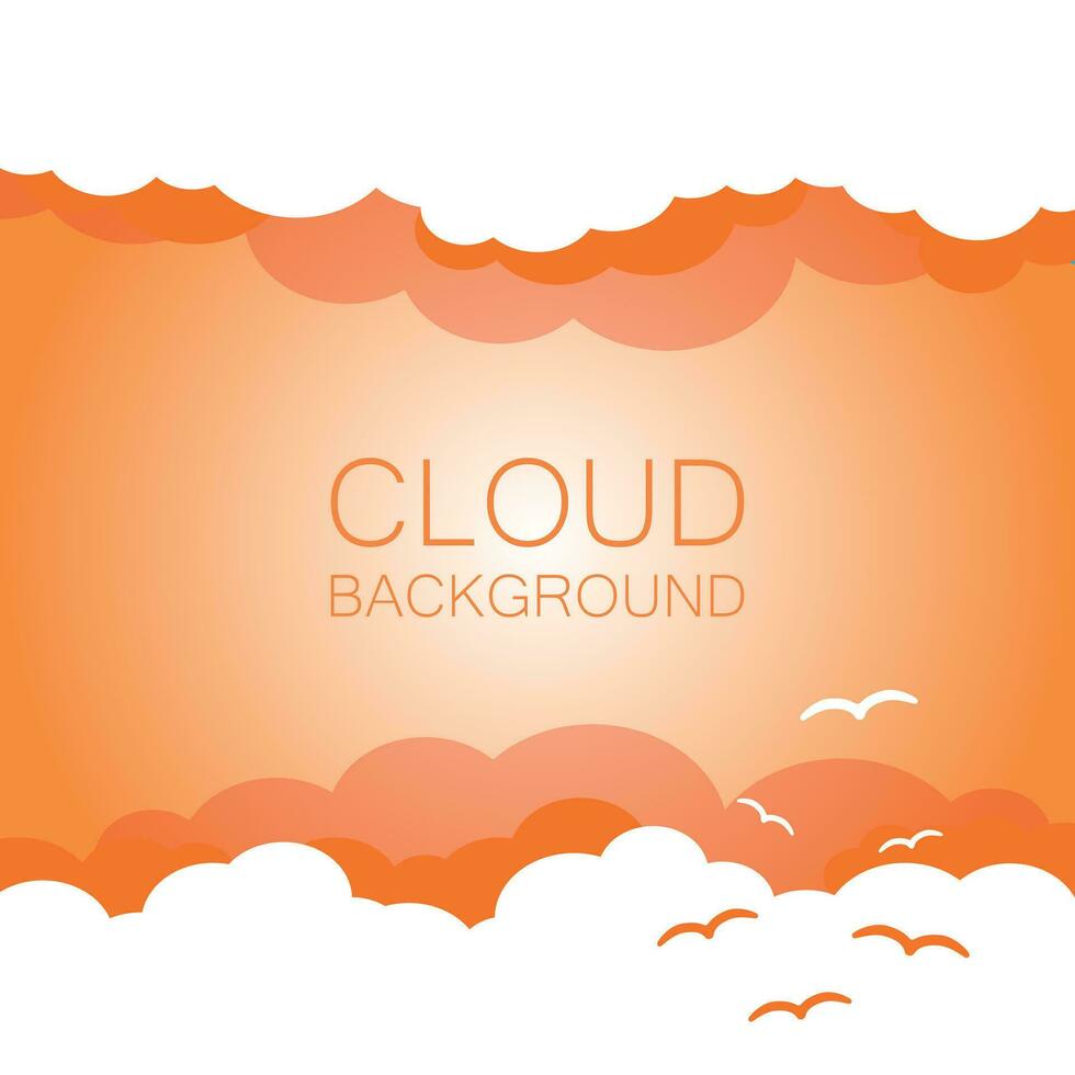 Clouds in the sky with sun rays. Flat vector illustration in cartoon style. Orange colorful sunset background.