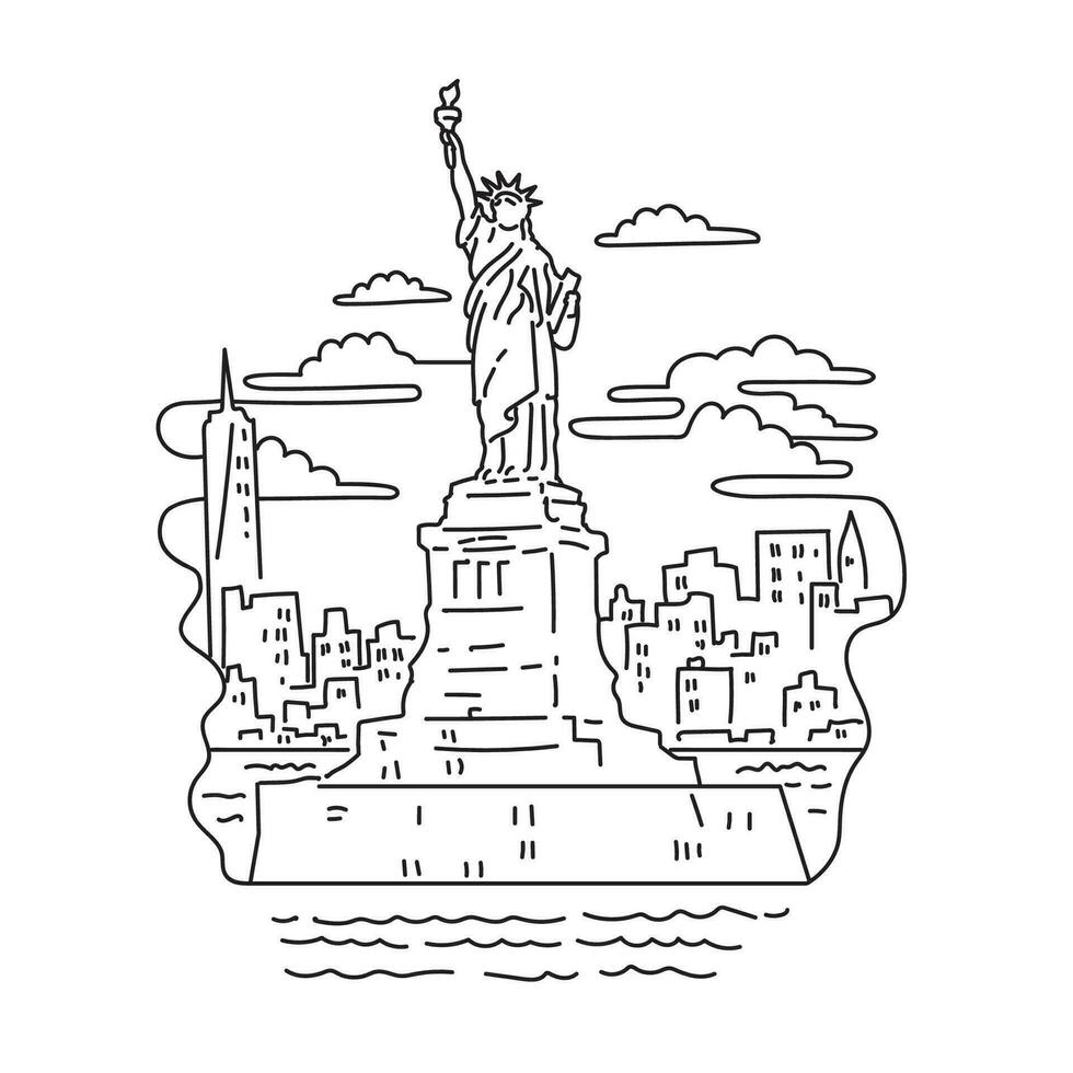 Statue of Liberty with New York City Skyline USA Mono Line Art vector
