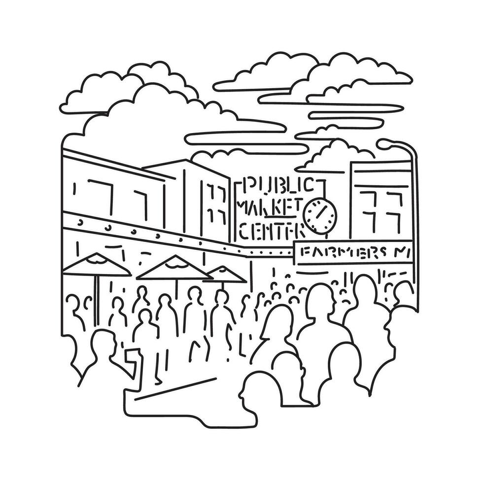 Pike Place Market in Downtown Seattle USA Mono Line Art vector