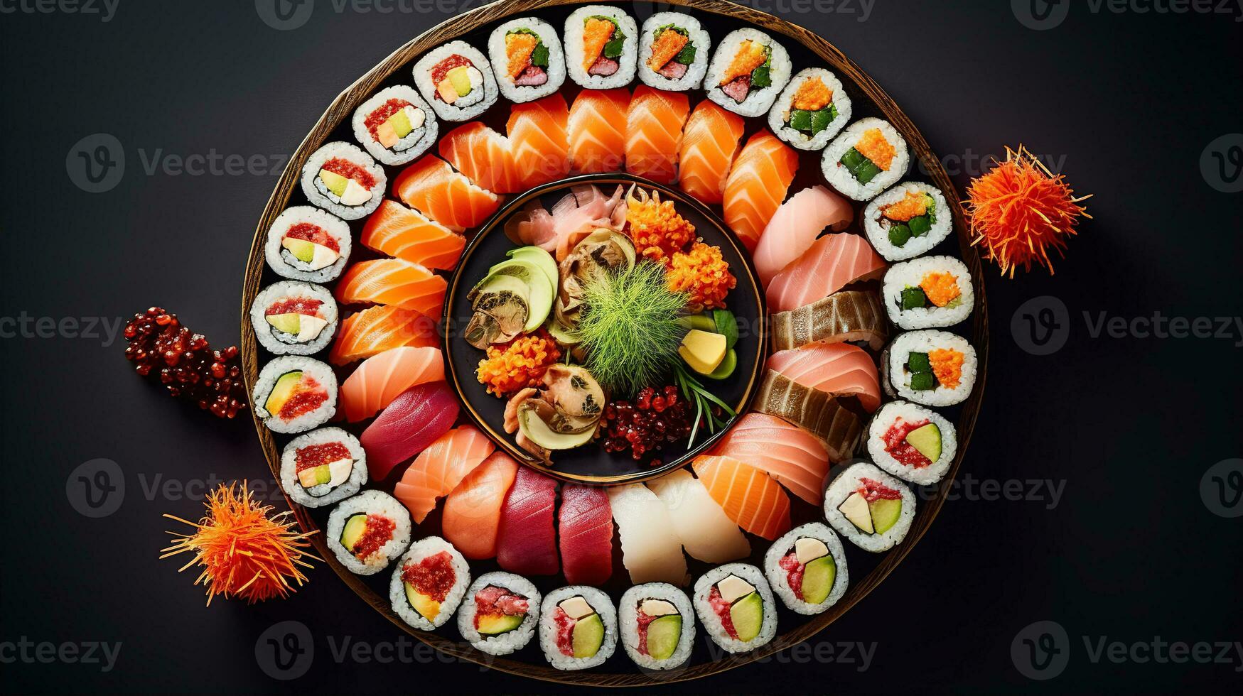 Sushi menu. Roll with salmon, avocado, cucumber. Japanese food. Created with Generative AI photo