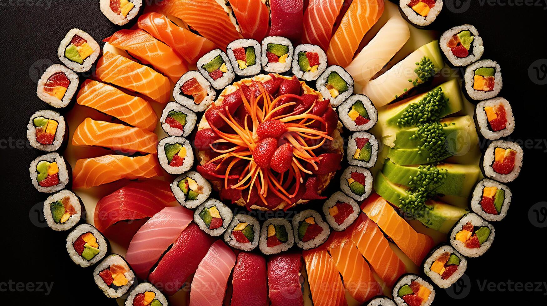 Sushi menu. Roll with salmon, avocado, cucumber. Japanese food. Created with Generative AI photo