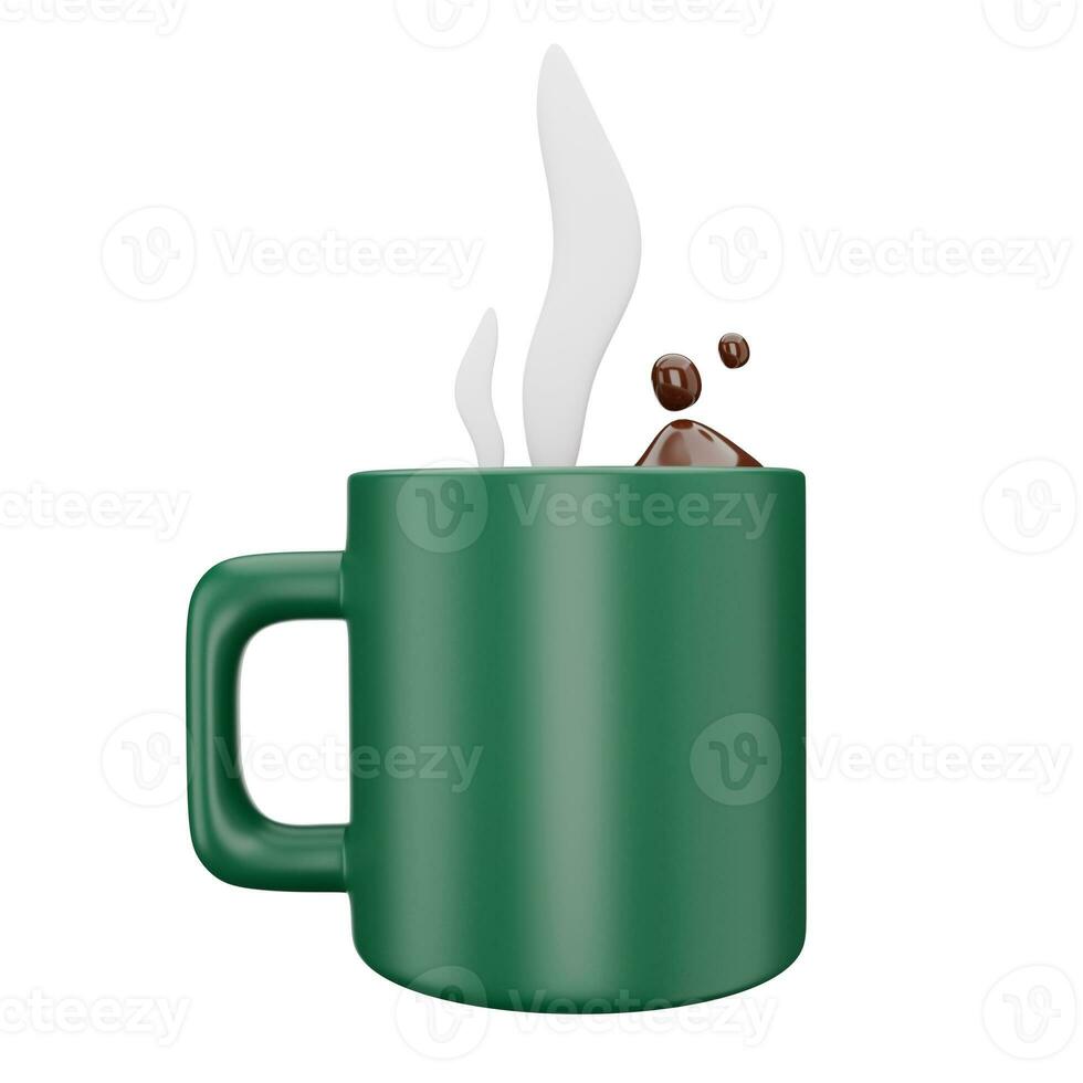 3D ceramic cup with coffee or hot chocolate splashing, beautiful smiling green coffee mug Hot drink, 3D illustration isolated on clipping path background. photo