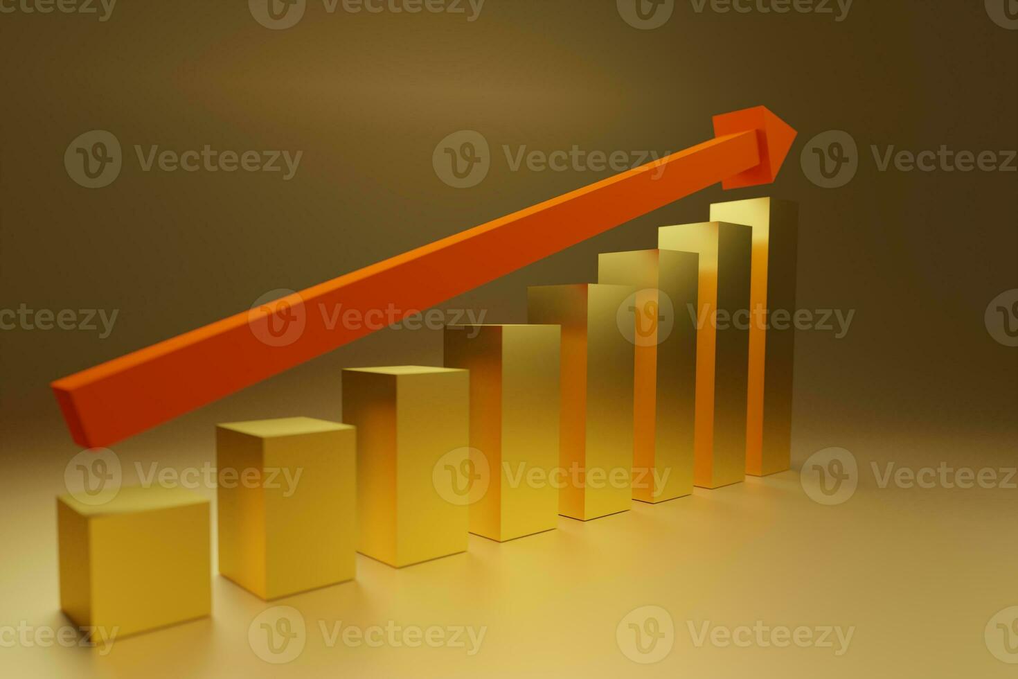 3D Render of golden bar graph growth and up arrow photo