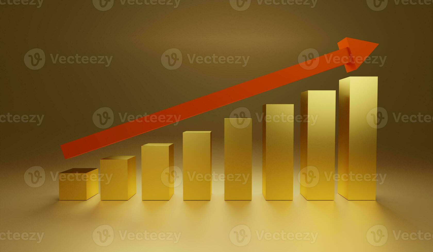 3D Render of golden bar graph growth and up arrow photo