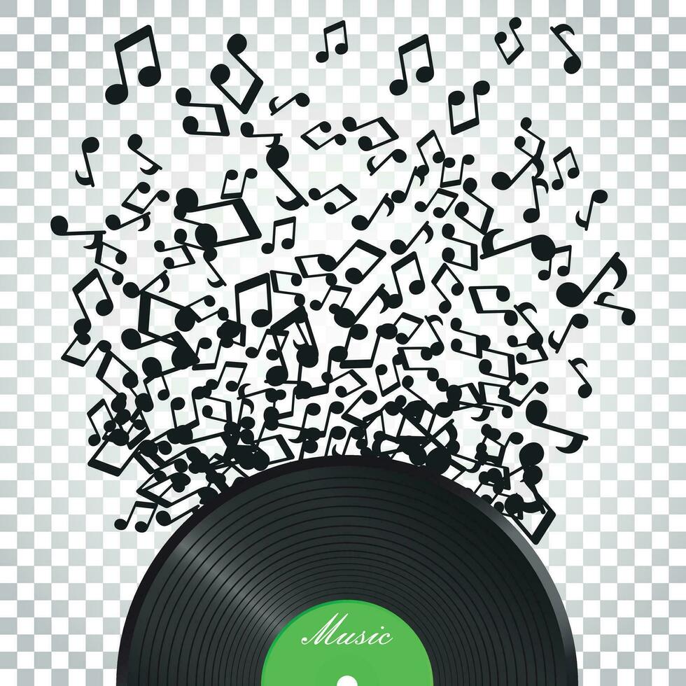 Vinyl disk with flying sound note. Music disk vector illustration. Sound record. Business concept simple flat pictogram on isolated background.