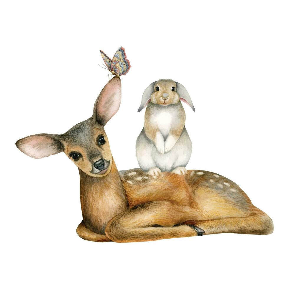 Cute forest animals sitting together, vector illustration with little deer, rabbit and butterfly for baby's room wall poster or baby shower invitations, hand drawn watercolor and pencils composition