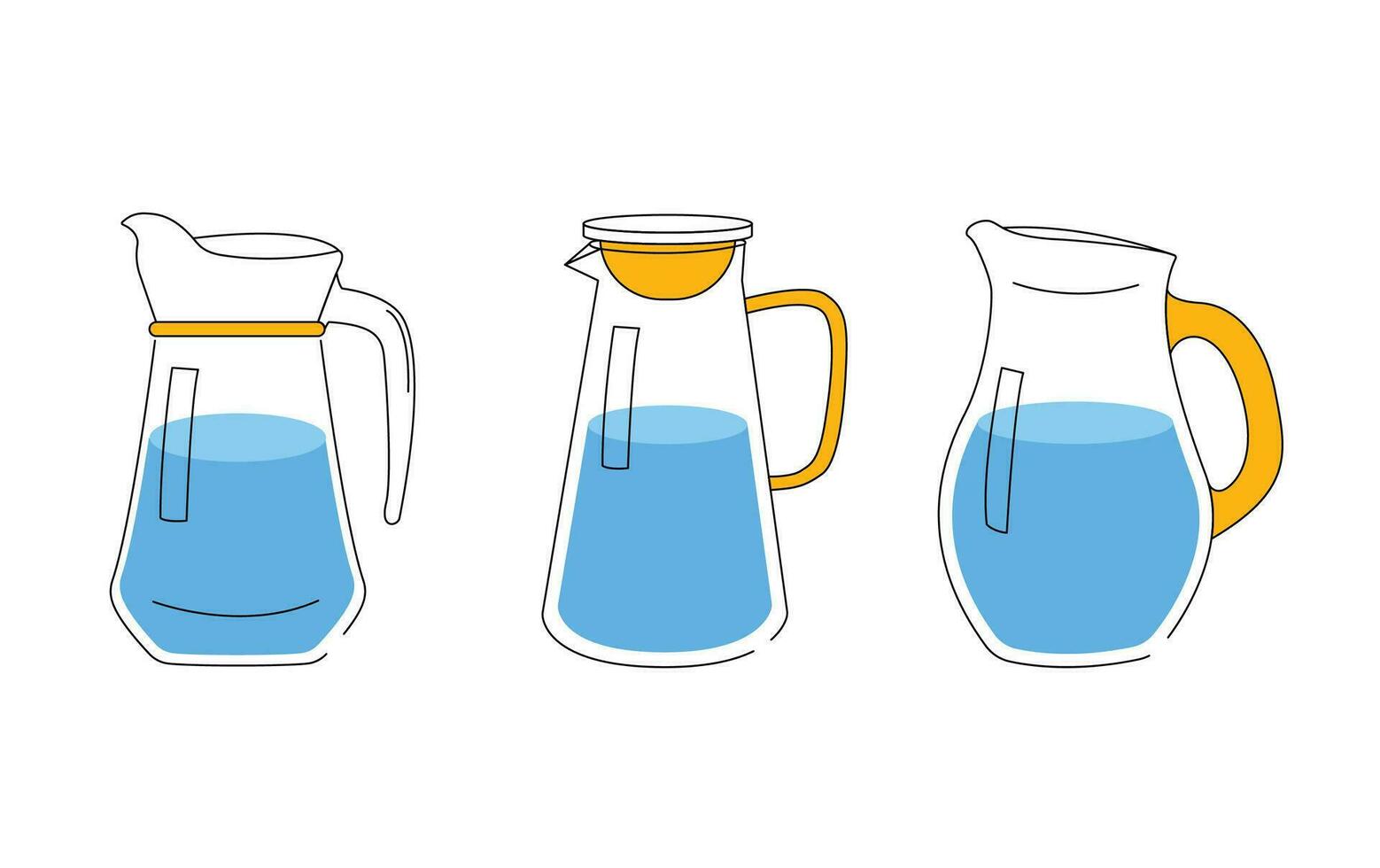 Glass Jug Of Water Vector Icon Illustration. Set of three type Glass Jug. Pitcher With Water Flat Icon. Cartoon style.