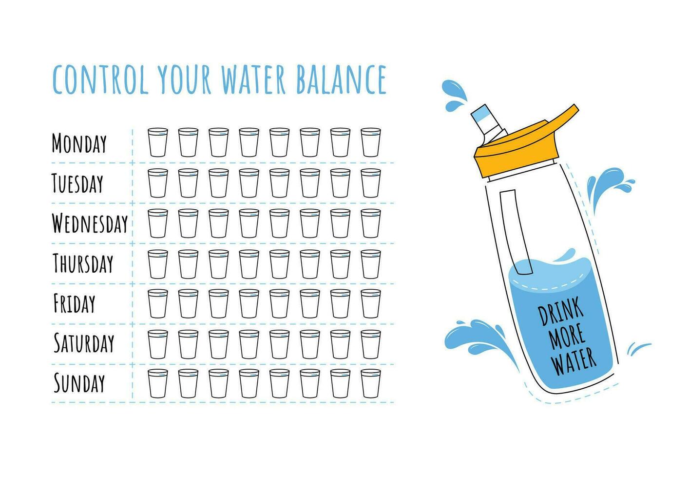 Water tracker vector template. Drinking water checklist. Water tracker with cool water bottle. Vector illustration. Doodle style. Flat style