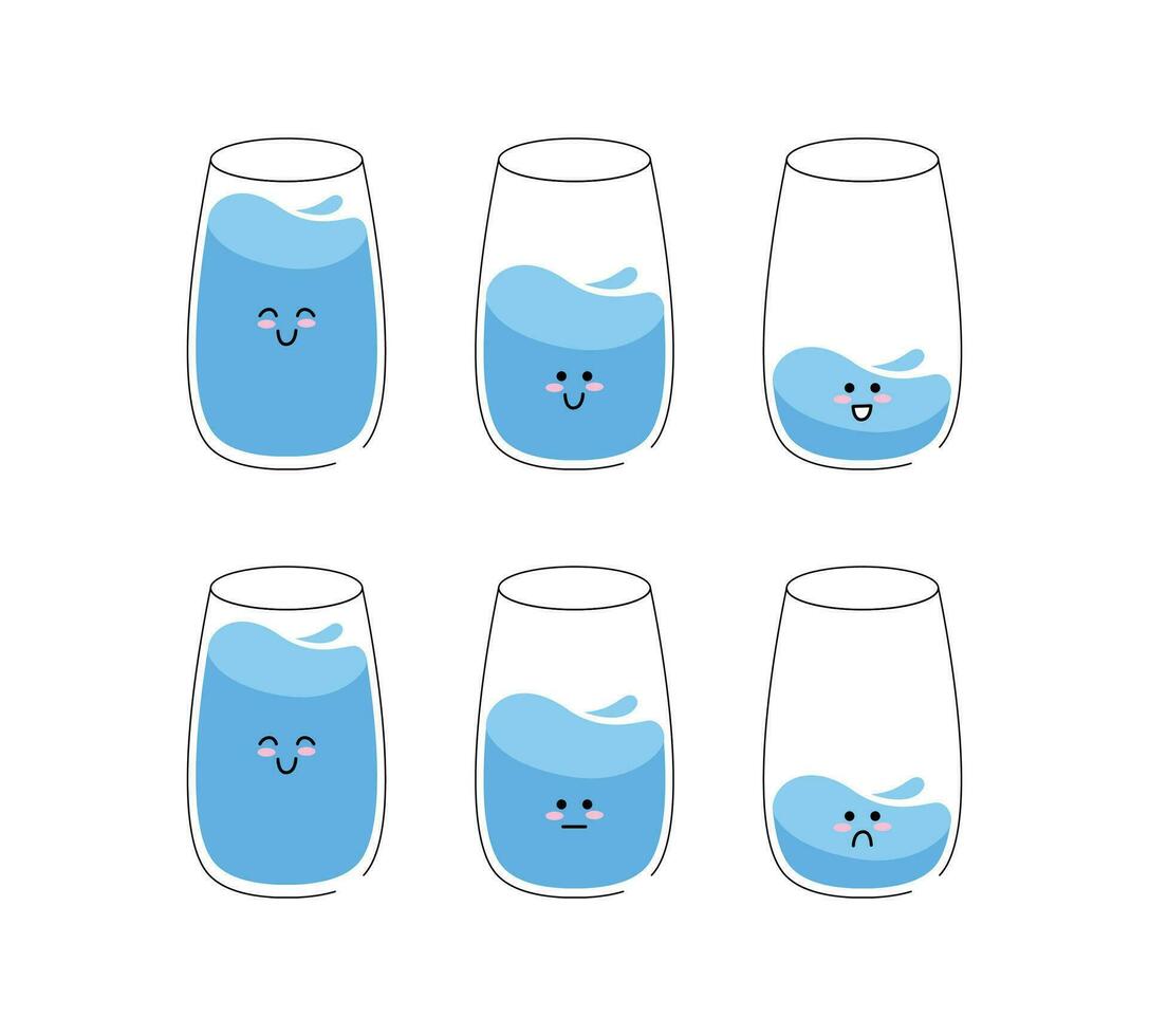 Vector motivation card with the inscription drink more water. Funny glass of water. Use for card, poster, banner, web design and print on t-shirt. Easy to edit. Vector illustration.