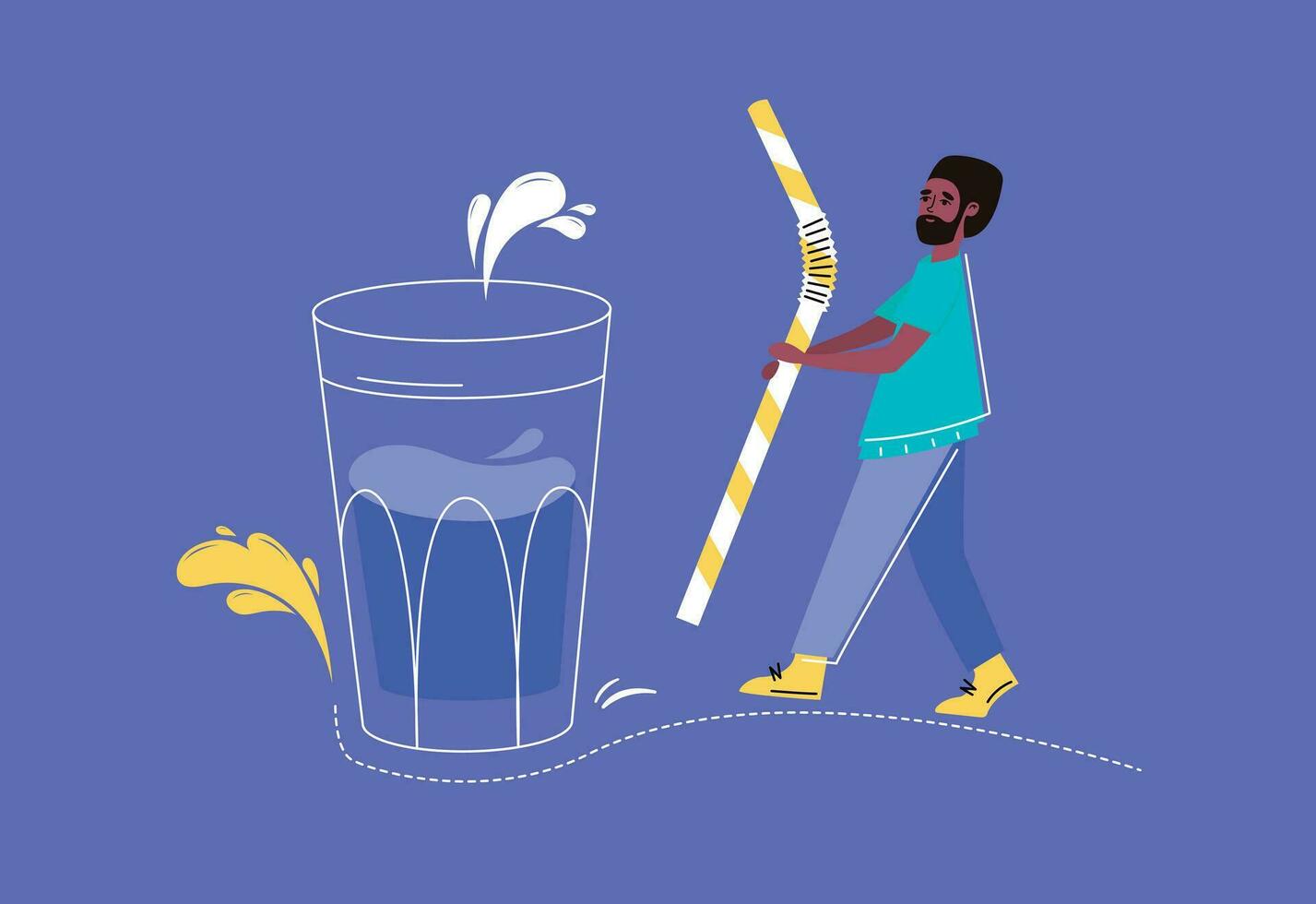 Young African Man calls to drink a lot of water in flat design on white blue. Water balance. Drink more water for good health. vector