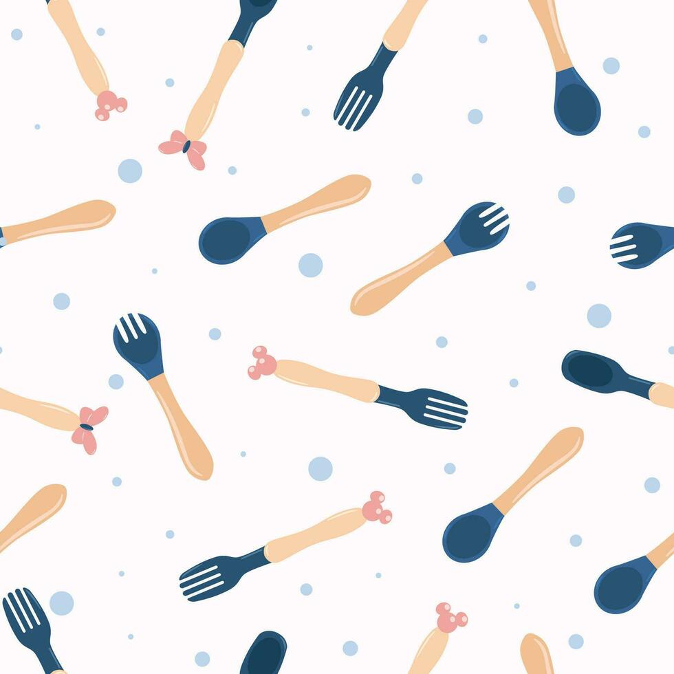 Kids plate, fork and spoon silicone dishware for baby. Vector pattern in Scandinavian style. Minimalism.