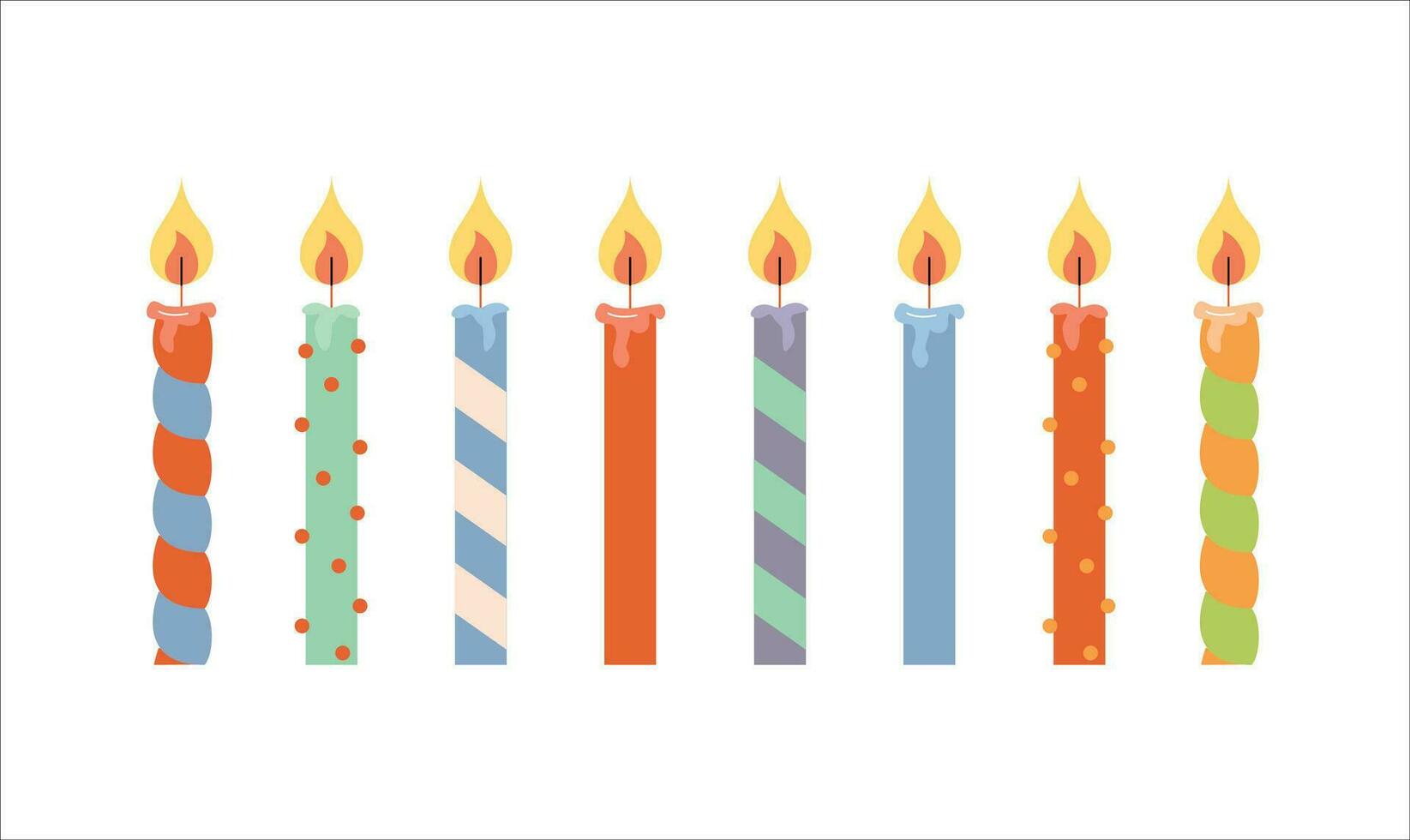 Set of candles. Wax cartoon flat vector happy birthday, anniversary burning with a flame candles set. Party holiday fun decoration for cake.
