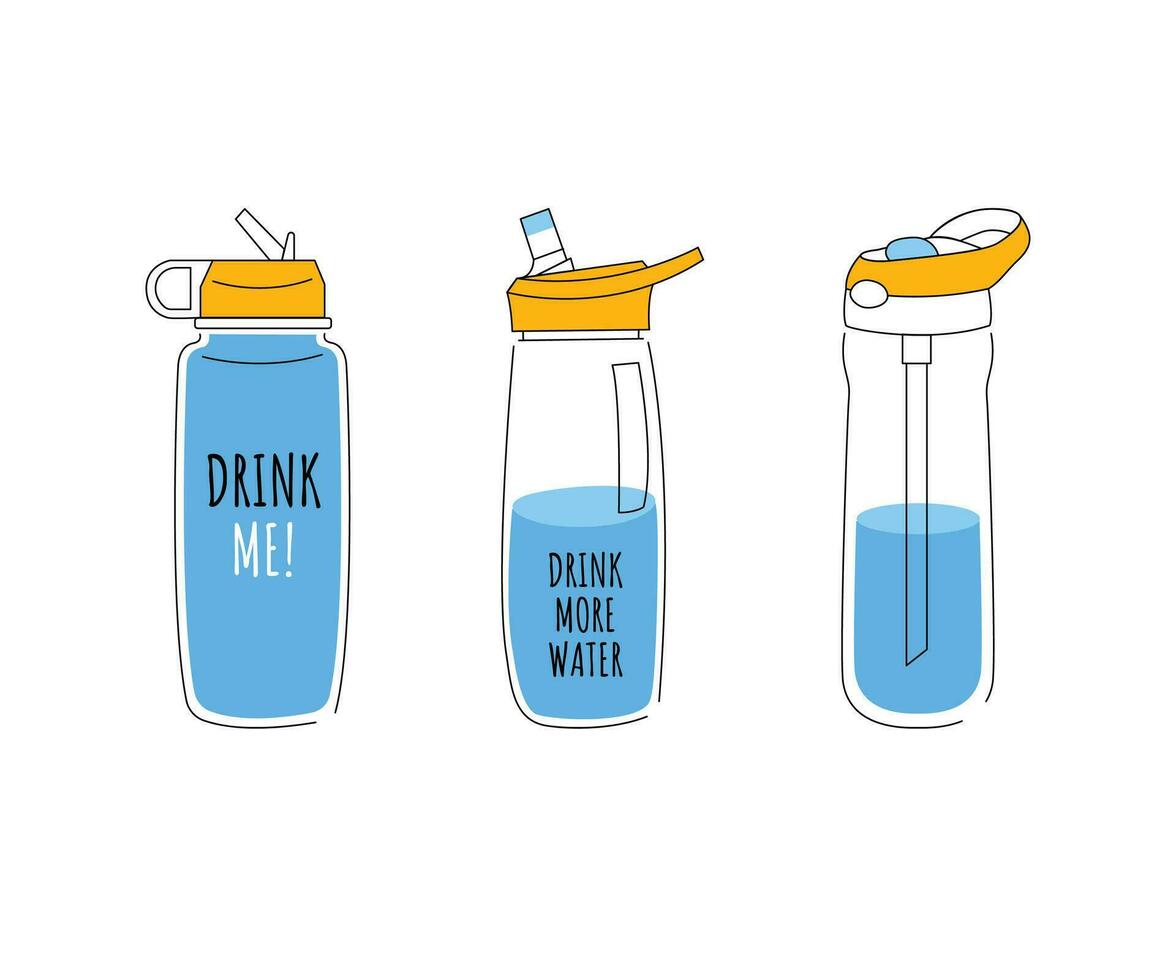Take your water bottle. Refillable glass, plastic or metal bottles. Vector illustration in trendy style. Zero waste concept, reasonable consumption, zero plastic.