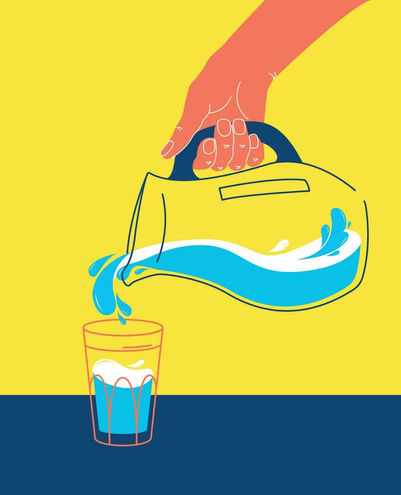 Hand pouring water from jug in glass. Vector colourful illustration. Flat style. Reusable container for liquids, water balance.