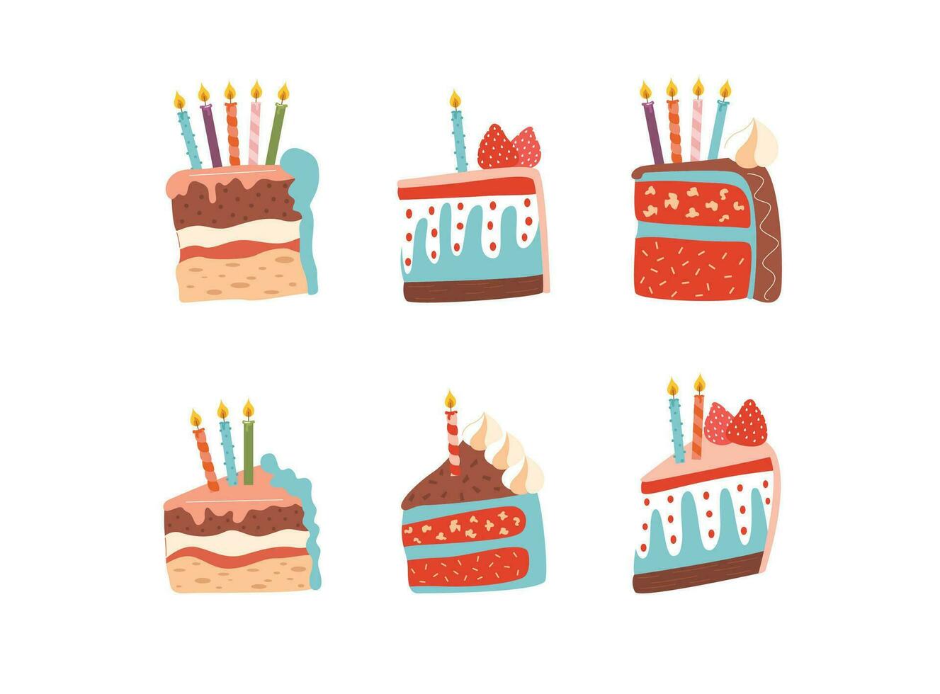 Cakes slices pieces with candles isolated on white in natural colors. Set of cakes. Vector for postcards and stickers