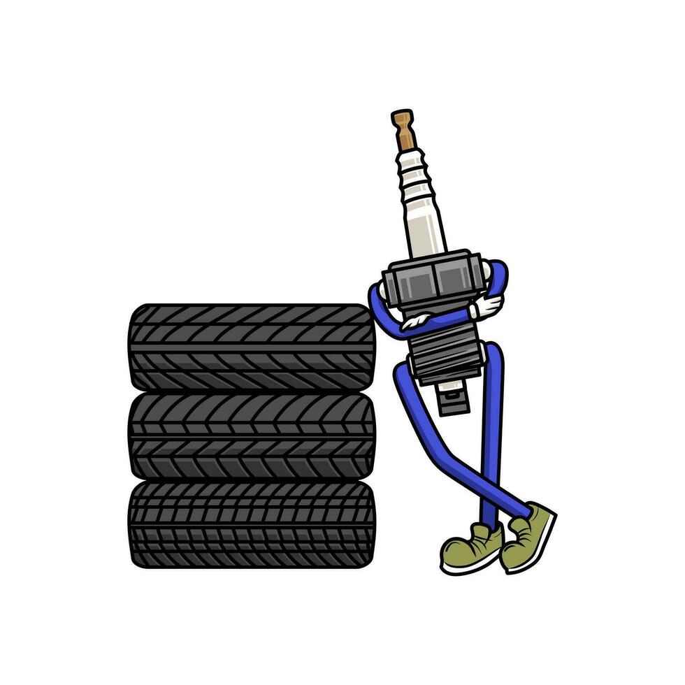 Cartoon character of spark plug working as mechanic. Tire service concept illustration. vector